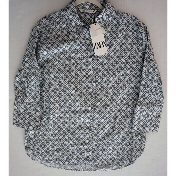 Zara Women Sz XS White/Gray Floral Allover Print Button-Up Long Linen Shirt - Picture 8 of 9